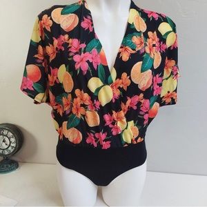 Asos Tropical Floral Fruit Bodysuit Crisscross Bright Colors Women's